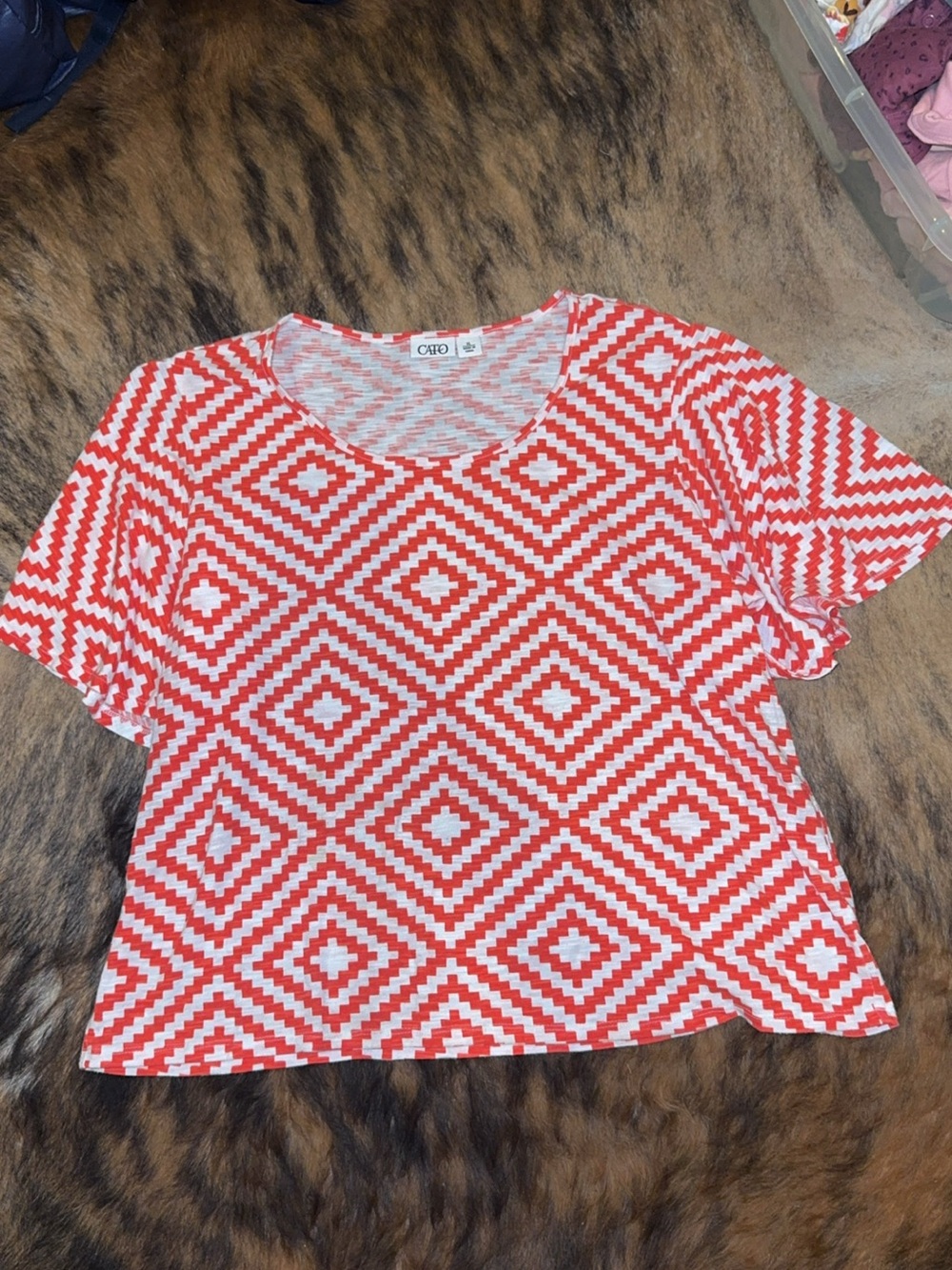 Cato Red & White Diamond Pattern Short Sleeve Knit Top